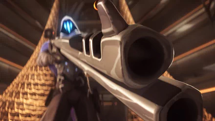 HD desktop wallpaper featuring Omen from Valorant, viewed from behind the barrel of a sniper rifle in a dimly lit setting.