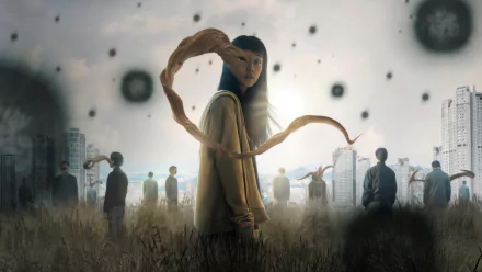HD desktop wallpaper from the TV show Parasyte: The Grey featuring a female character with elongated, tentacle-like arms in a field with shadowy figures and a cloudy sky.