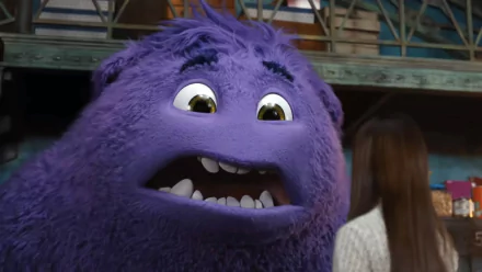 HD desktop wallpaper from the movie IF (2024) featuring a smiling purple creature with a backdrop of an indoor setting.
