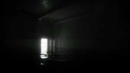 HD desktop wallpaper featuring a dark, atmospheric indoor pool scene from a video game, with light filtering through a door.