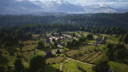 HD wallpaper of a rustic village scene from the video game Manor Lords, featuring forested landscapes and distant mountains.