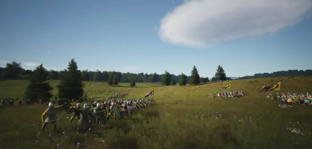 HD desktop wallpaper from the video game Manor Lords featuring medieval soldiers marching through a lush, sunlit meadow.