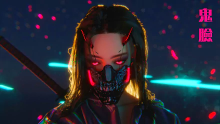Cyberpunk anime girl with glowing red eyes and futuristic mask, set against a neon-lit backdrop, captured in stunning 4K Ultra HD for PC desktop wallpaper.