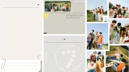 HD PC desktop wallpaper featuring ENHYPEN in various outdoor group photos with a light, nature-inspired background and soft pastel accents.