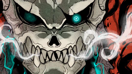 HD desktop wallpaper featuring a detailed illustration of Kafka Hibino from Kaiju No. 8, portrayed with a monstrous, skull-like appearance and glowing green eyes.