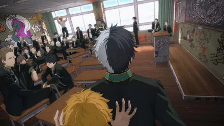 HD desktop wallpaper from the anime Wind Breaker, featuring a scene in a graffiti-covered classroom with a male character in a green jacket looking over a crowd of students.