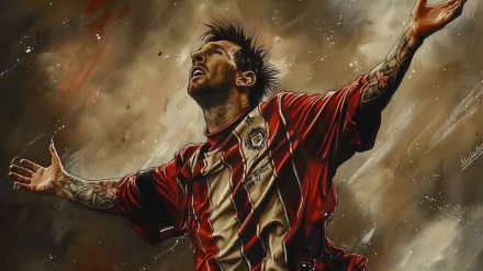 HD desktop wallpaper of Lionel Messi in a celebratory pose on the soccer field, clad in a red and black striped kit, with a dynamic, artistic background.