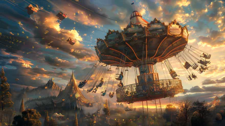 HD wallpaper of a magical swing ride at an amusement park, soaring high with riders against a dramatic sunset sky filled with clouds.