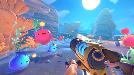 HD desktop wallpaper from Slime Rancher 2 featuring a colorful scene with lively slimes and a handheld vacuum in a whimsical alien landscape.