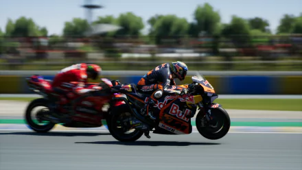 HD desktop wallpaper from the video game MotoGP 24, featuring high-speed motorcycle racing on a clear, sunny day.