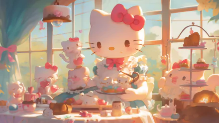 A whimsical HD desktop wallpaper featuring Hello Kitty and charming Sanrio characters in a delightful tea party scene, with an inviting, bright atmosphere and a table filled with treats.