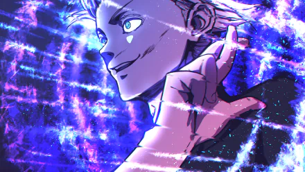 4K Ultra HD anime wallpaper featuring Satoru Gojo from Jujutsu Kaisen with vibrant blue and purple energy effects surrounding him.