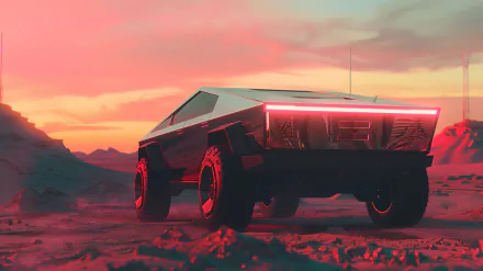 HD desktop wallpaper featuring a Tesla Cybertruck in a futuristic desert landscape under a pink sunset sky.