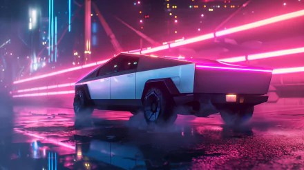 HD wallpaper of a Tesla Cybertruck against a neon-lit, futuristic cityscape, reflecting on wet ground.