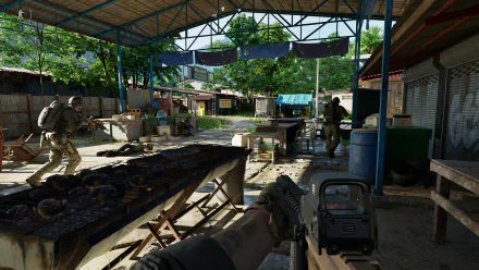 HD desktop wallpaper from the video game Gray Zone Warfare depicting a first-person view of a soldier in a tactical urban environment.