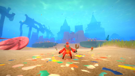 HD desktop wallpaper from the video game Another Crab's Treasure, featuring a vibrant red crab in a whimsical underwater setting with castles.