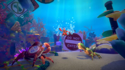 HD desktop wallpaper from Another Crab's Treasure video game featuring colorful crabs in an underwater setting with a Do Not Enter sign.