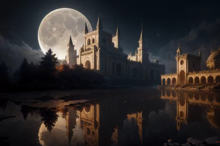 fantasy castle moon pond reflection HD Desktop Wallpaper | Background Image