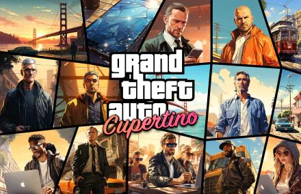 4K Ultra HD desktop wallpaper blending Apple Inc. CEO Tim Cook with Grand Theft Auto-style artwork, titled Grand Theft Auto Cupertino, featuring AI-generated art elements.