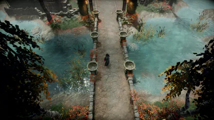 HD desktop wallpaper from the video game V Rising, featuring a character crossing a stone bridge over a tranquil river, surrounded by lush foliage and ornate statues.