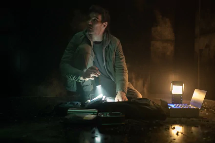 Joel Edgerton in a tense scene from Dark Matter (2024), sorting through equipment in a dimly lit room, suitable as an HD desktop wallpaper.