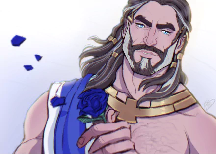 HD desktop wallpaper featuring Zeus from Blood of Zeus anime, holding a blue rose, in a stylized portrait with golden accents.
