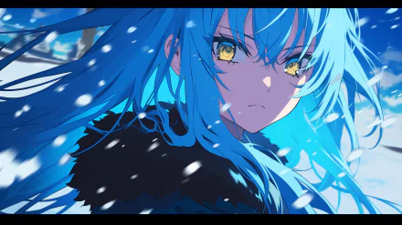 HD desktop wallpaper featuring Rimuru Tempest from That Time I Got Reincarnated as a Slime, with vivid blue hair and intense yellow eyes, set against a snowy backdrop.