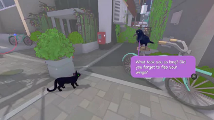 HD wallpaper from Little Kitty Big City featuring a black cat speaking to a crow in an urban setting with bicycles and plants.