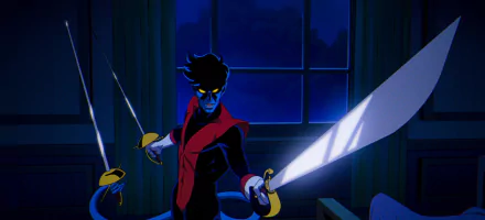 HD desktop wallpaper of Nightcrawler from X-Men '97, poised in action with swords against a dark, moody backdrop.