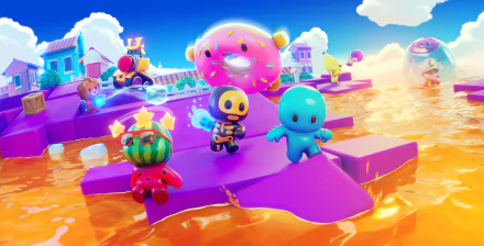 HD desktop wallpaper from the video game Rumble Club featuring colorful animated characters on a vibrant, whimsical landscape.