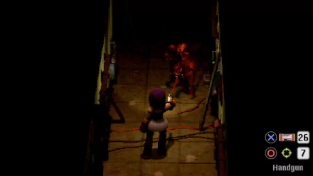 HD desktop wallpaper from the video game Crow Country, depicting a character aiming a handgun at a monster in a dimly lit corridor.