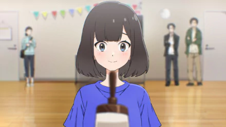 HD anime wallpaper featuring a cheerful girl with short black hair in a blue top, holding a trapezium-shaped book with classmates in the background.
