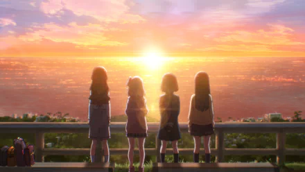 A stunning HD anime wallpaper featuring four girls gazing at a vibrant sunset over the ocean. The scene captures a moment of reflection and friendship against a colorful sky.