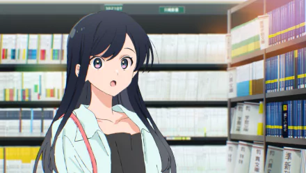 HD anime wallpaper featuring a surprised anime girl with long black hair, standing in a library with shelves filled with books.