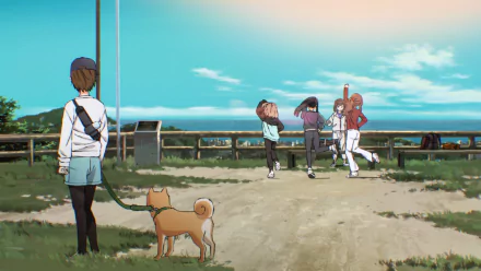 HD anime desktop wallpaper featuring a scenic view of a group of animated characters enjoying time outdoors, with one character walking a dog.