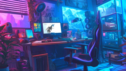 A vibrant anime-themed gamer room featuring a sleek desk, multiple monitors displaying game art, and ambient lighting, creating an inviting HD desktop wallpaper atmosphere.