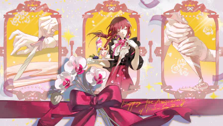 5K Ultra HD PC wallpaper of Kafka (Honkai: Star Rail): a girl in a red-and-black outfit holding a tea set, surrounded by orchids, ribbons and ornate decorative panels.