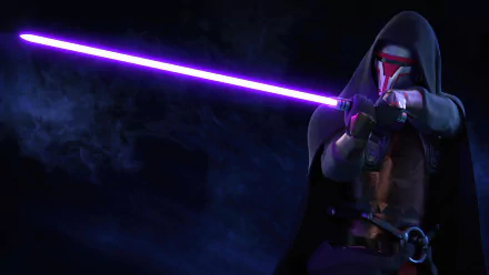 HD desktop wallpaper of Darth Revan from Star Wars: Knights of the Old Republic, wielding a purple lightsaber against a dark, smoky backdrop.