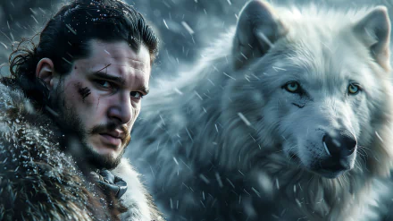 HD desktop wallpaper featuring Jon Snow, portrayed by Kit Harington in Game of Thrones, alongside a white wolf in a snowy setting. The image captures an intense and dramatic atmosphere.