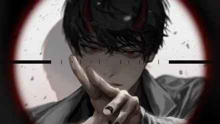 HD desktop wallpaper of Kim Dokja from the anime Omniscient Reader's Viewpoint, featuring him with dark hair, piercing eyes, and small horns, holding a gesture with his hand against a dramatic background.