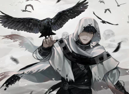 HD desktop wallpaper featuring Kim Dokja from the anime Omniscient Reader's Viewpoint, posing with a bird of prey amidst a snowy, ethereal background.