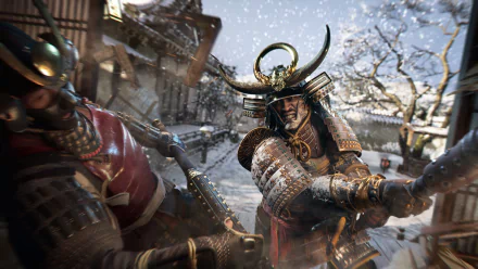 HD desktop wallpaper of Assassin's Creed Shadows featuring a fierce samurai battle in a snowy, traditional Japanese setting.