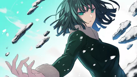 HD desktop wallpaper featuring Fubuki from One-Punch Man, with her in an action pose amidst floating rocks and a vibrant sky background.