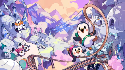 HD desktop wallpaper featuring characters Bread & Fred from a video game. The image shows colorful, animated penguins in a playful snowy mountain setting with vibrant pastel colors.