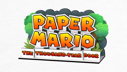 HD desktop wallpaper featuring the logo of the 2024 video game Paper Mario: The Thousand-Year Door against a white background with colorful cartoon graphics.