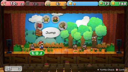 HD desktop wallpaper and background featuring a battle scene from the 2024 video game Paper Mario: The Thousand-Year Door with Mario selecting a Jump action on a stage-like setting.