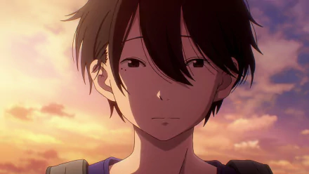 HD desktop wallpaper of an anime character from Dead Dead Demon’s Dededede Destruction, featuring a pensive expression against a sunset sky background.