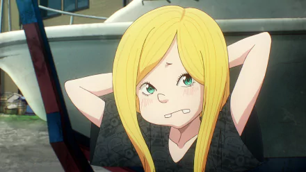 HD desktop wallpaper featuring a character from the anime series Dead Dead Demon’s Dededede Destruction. The character has blonde hair, green eyes, and a quirky expression, set against a casual background environment.