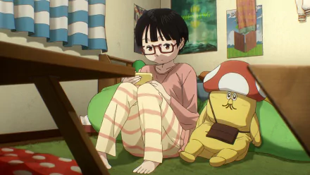 Anime HD desktop wallpaper from Dead Dead Demon’s Dededede Destruction featuring a character sitting on the floor in pajamas, next to a stuffed mushroom toy, in a cozy room.