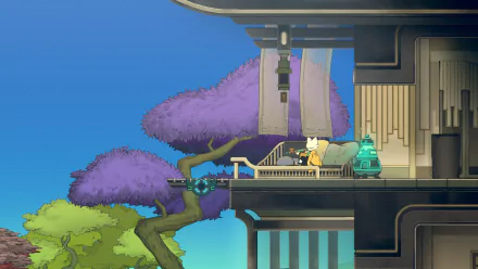 HD desktop wallpaper featuring a scene from the video game Nine Sols, showcasing a character standing on a futuristic balcony with vibrant purple trees in the background.